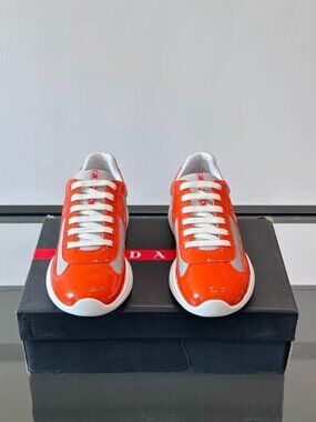 Prada Men’s Orange and White Patent Leather & Mesh Low-Top Sneakers